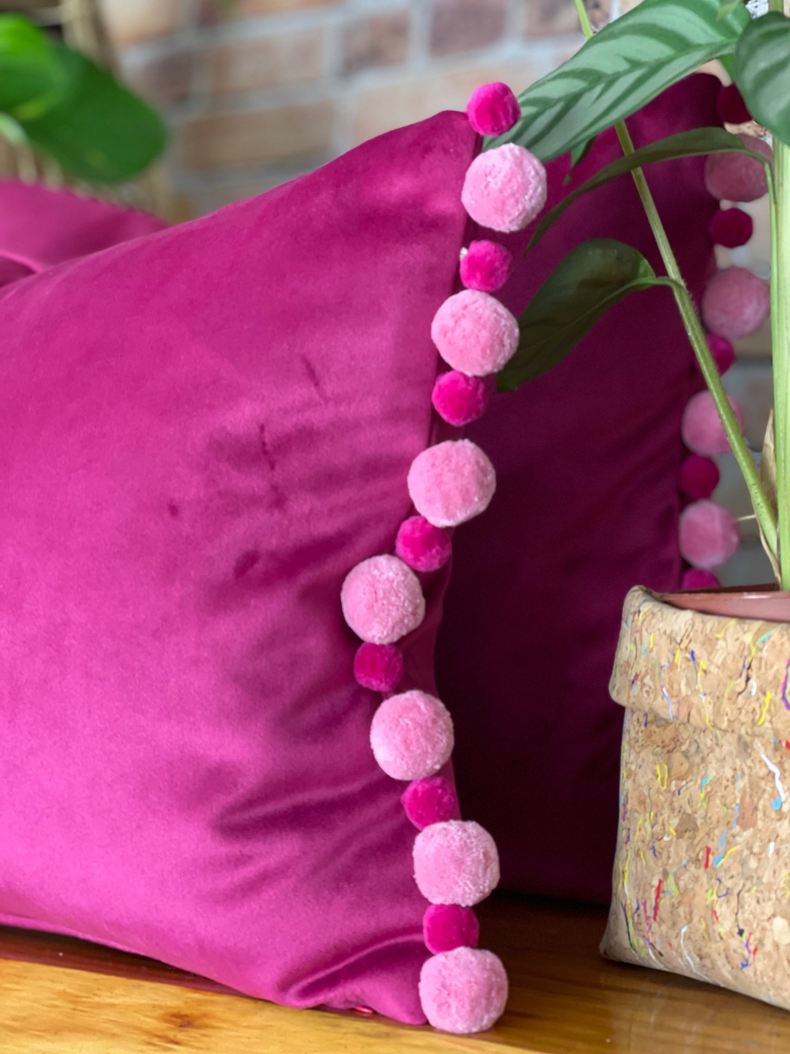 Cerise Pink Velvet Pink Pom Pom Velvet Cushion Lulu Interiors